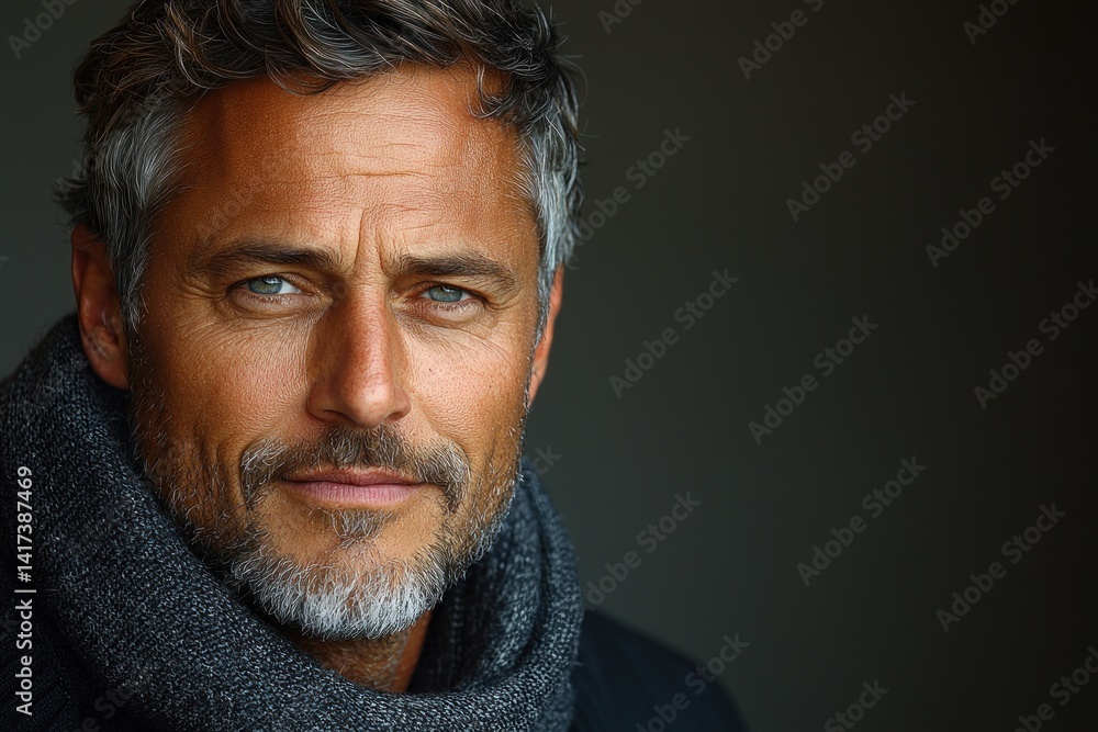 Obraz premium Mature man with gray hair and beard wearing a dark shirt and gazing confidently at the camera against a moody background Generative AI