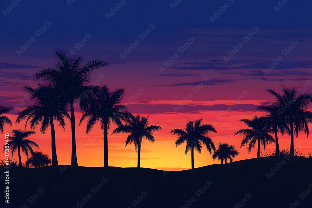 Colorful Sunset Over Palm Trees Against Vibrant Sky Silhouette Colorful Sunset Over Palm Trees Against Vibrant Sky Silhouette