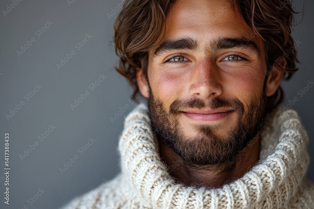 Young man with wavy hair and beard smiling gently in cozy cream knit turtleneck sweater against gray background Generative AI
