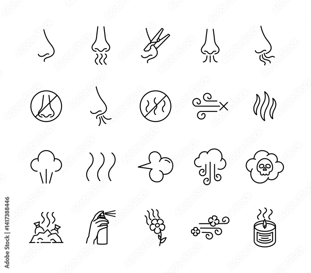 Smell icons set editable stroke. Odor and fragrance signs, nose breathing symbol.