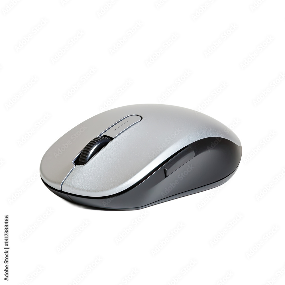A silver wireless computer mouse positioned for use on a flat surface. A silver wireless computer mouse positioned for use on a flat surface.