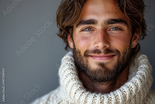 Obraz na płótnie Young man with wavy hair and beard smiling gently in cozy cream knit turtleneck sweater against gray background Generative AI w salonie
