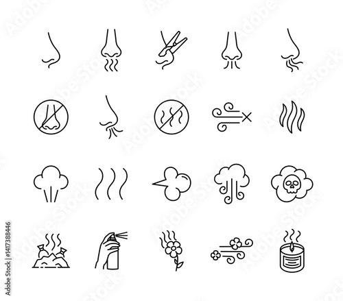 Smell icons set editable stroke. Odor and fragrance signs, nose breathing symbol.