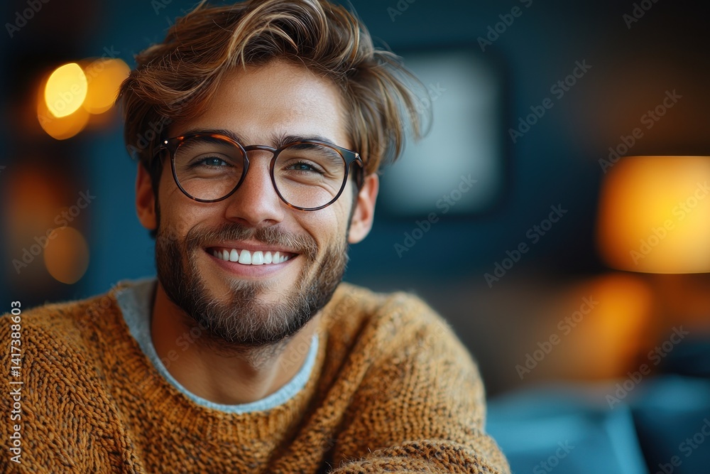 Smiling young man with glasses and tousled hair wearing a cozy brown sweater in warmly lit stylish indoor setting Generative AI