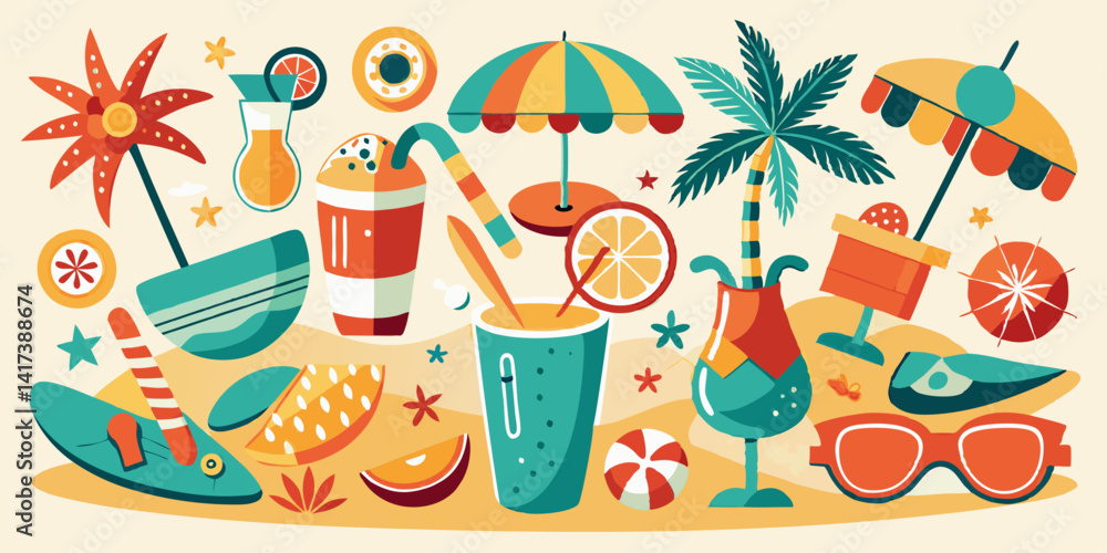 Fototapeta premium Retro beach party elements with sun, cocktails, flip flops, and palm trees. Fun, vibrant illustration of a summer beach scene.