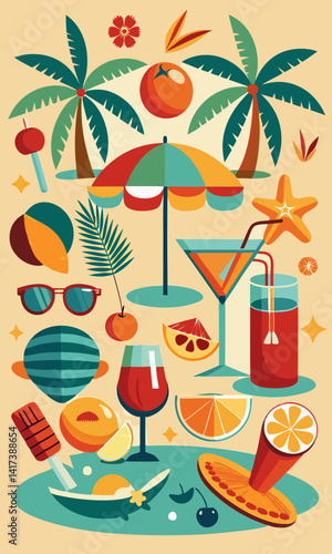  Retro beach party elements with sun, cocktails, flip flops, and palm trees. Fun, vibrant illustration of a summer beach scene.