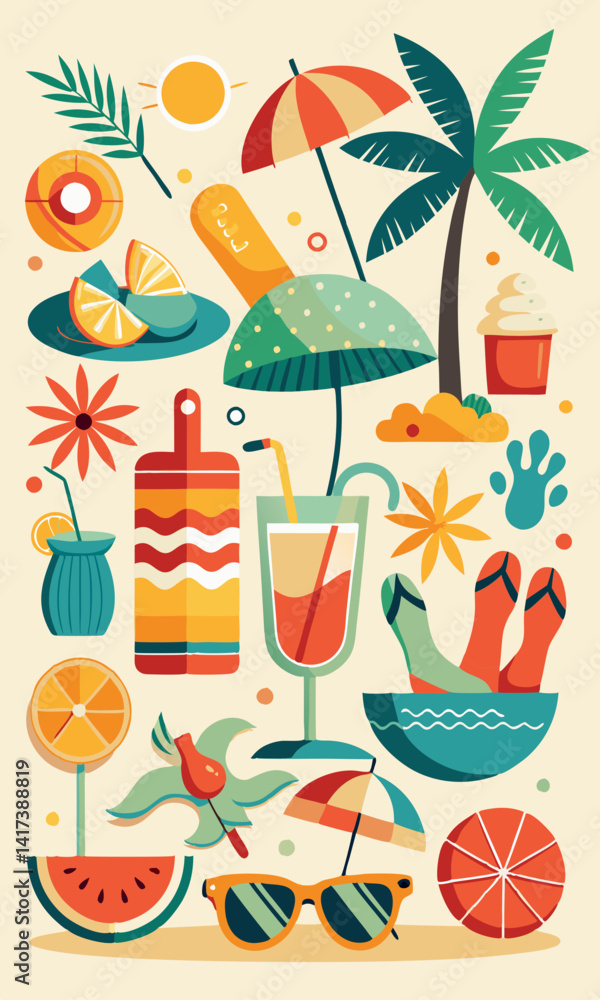 Elementos retro de fiesta playera con sol, cócteles, chanclas y palmeras. Ilustración divertida y vibrante de una escena playera de verano.