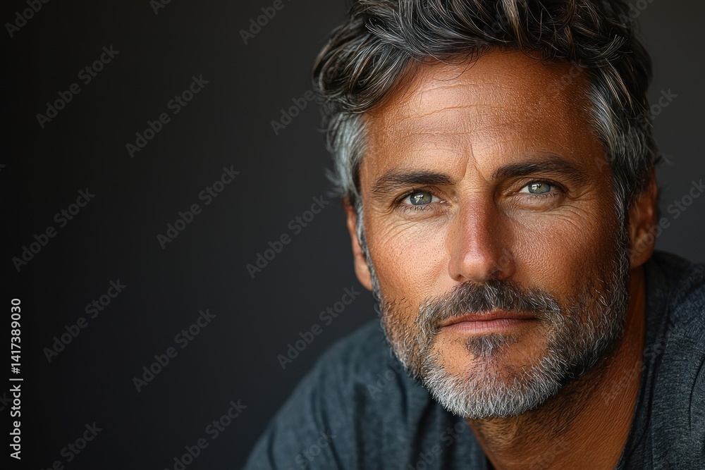 Confident mature man with gray beard and piercing blue eyes looking directly at camera on dark background Generative AI