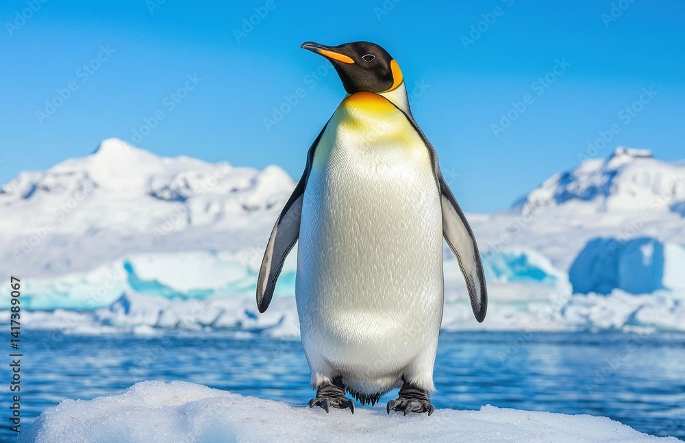 Fototapeta premium Majestic Emperor Penguin Standing on Ice in Bright Arctic Landscape