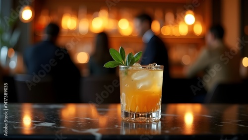 Refreshing Cocktail with Ice and Leaf Garnish on Marble Bar Counter in Elegant Setting