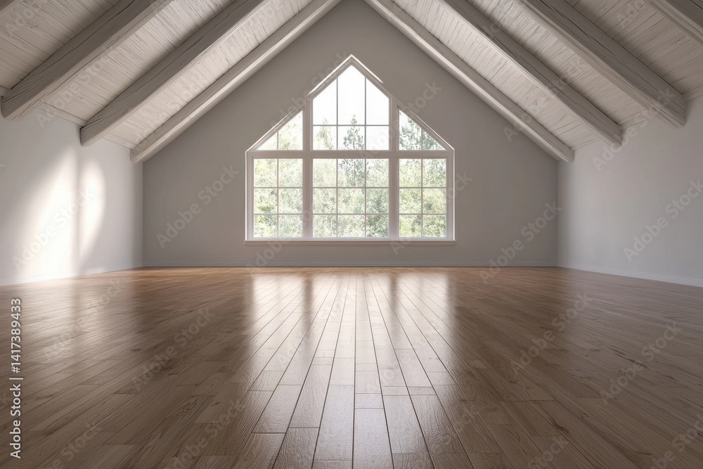 Spacious Empty Room with Wooden Floor and Large Windows in Attic Spacious Empty Room with Wooden Floor and Large Windows in Attic