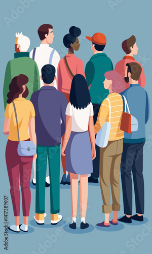 Vista trasera de una multitud diversa con ropa informal caminando por una calle de la ciudad. Grupo de personas con diferentes atuendos disfrutando de un día soleado, visto desde atrás.