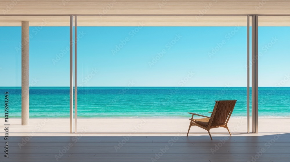 Fototapeta premium Serene Beach View with Wooden Chair Overlooking Tranquil Ocean