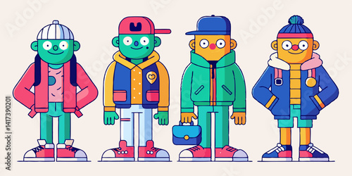Personajes de dibujos animados de streetwear con chaquetas, bolsos y zapatillas a la moda, representados en diversas poses. Jóvenes personajes lucen estilos de moda urbana, con zapatillas y accesorios