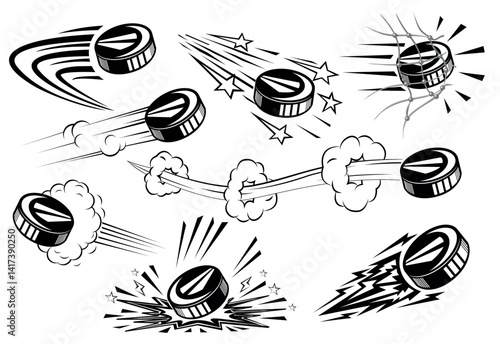 Ice hockey pucks fly at high speed. Vector on transparent background in comic style 
