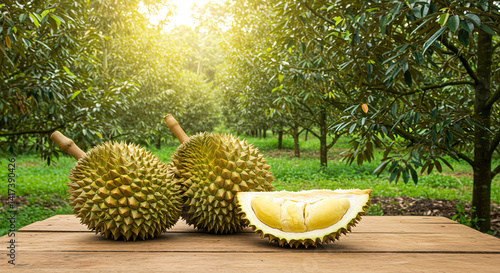 Durian on wooden table with durian plantation as background, king of fruits in Malaysia