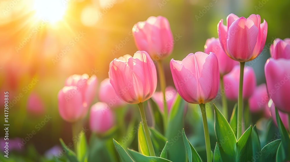 Fototapeta premium Pink Tulips Blooming in the Sunset Light