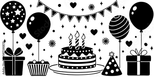 Elementos de fiesta de cumpleaños infantil de dibujos animados brillantes con globos, pasteles, regalos y decoraciones festivas en colores vibrantes.