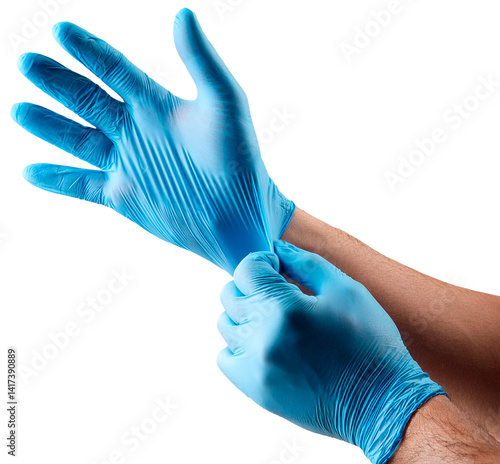 surgeon puts blue medical glove on hand isolated on white background 