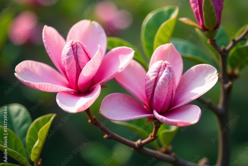 - Pink magnolia flowers in full bloom with green leaves, blossoms, fragrant - Pink magnolia flowers in full bloom with green leaves, blossoms, fragrant