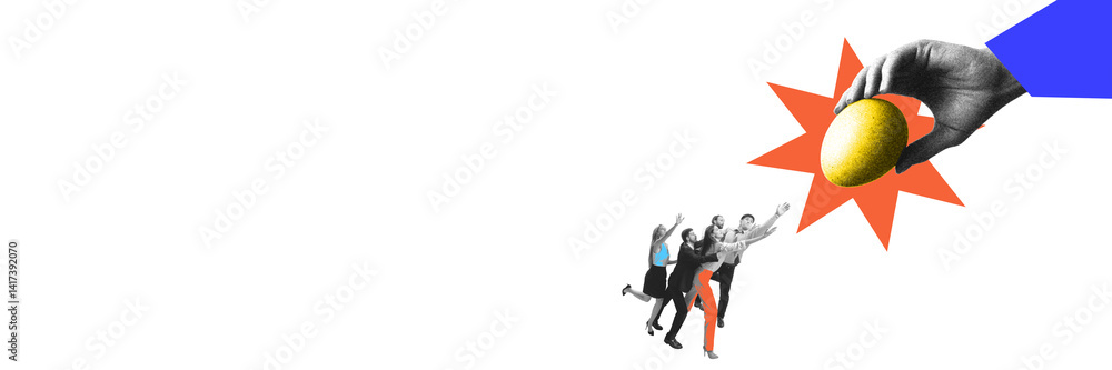 Giant hand holds glowing golden egg as a desperate crowd reaches out to it. High prices for goods and rising cost of living. Concept of global crisis, economy. Photocopy effect. Conceptual design