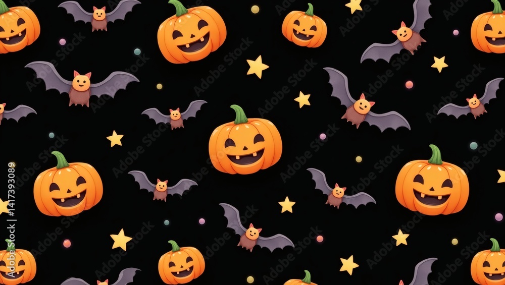 Halloween pattern with pumpkins, bats, and stars, creating a festive and spooky atmosphere. The charming illustrations capture the essence of the holiday, and inviting feeling Halloween pattern with pumpkins, bats, and stars, creating a festive and spooky atmosphere. The charming illustrations capture the essence of the holiday, and inviting feeling
