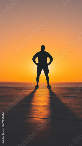 Silhouette of Determination: A solitary figure stands with arms akimbo against a breathtaking sunset, their silhouette outlined in a fiery orange glow, symbolizing resilience, introspection.