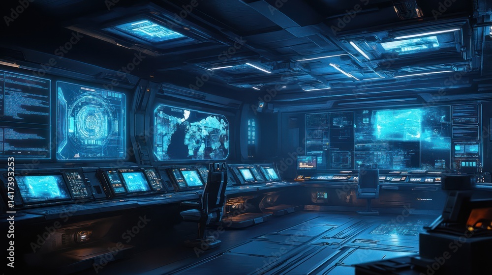 A futuristic control room with glowing digital displays is present A futuristic control room with glowing digital displays is present