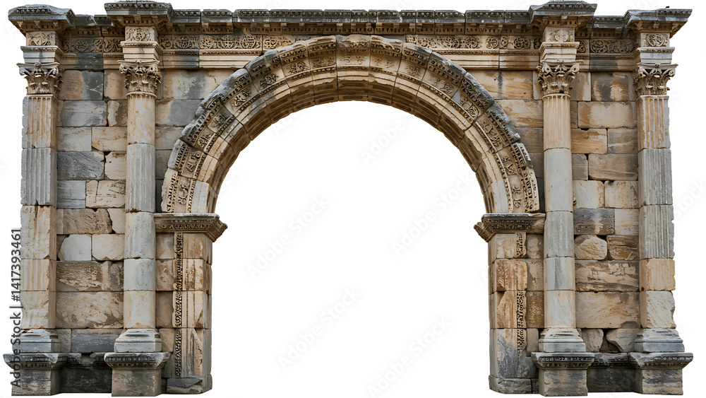 Fototapeta premium Vintage Stone Archway with Intricate Carvings on Transparent Background