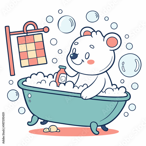 Vector cartoon cute polar bear bathing in bathtub filled with foam