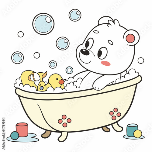 Vector cartoon cute polar bear bathing in bathtub filled with foam