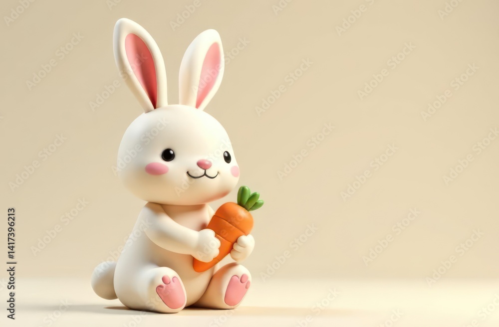 Obraz premium cute white bunny holding carrot on soft beige background. easter, children's illustration. playful and charming mood. greeting card, children's book, toy design.