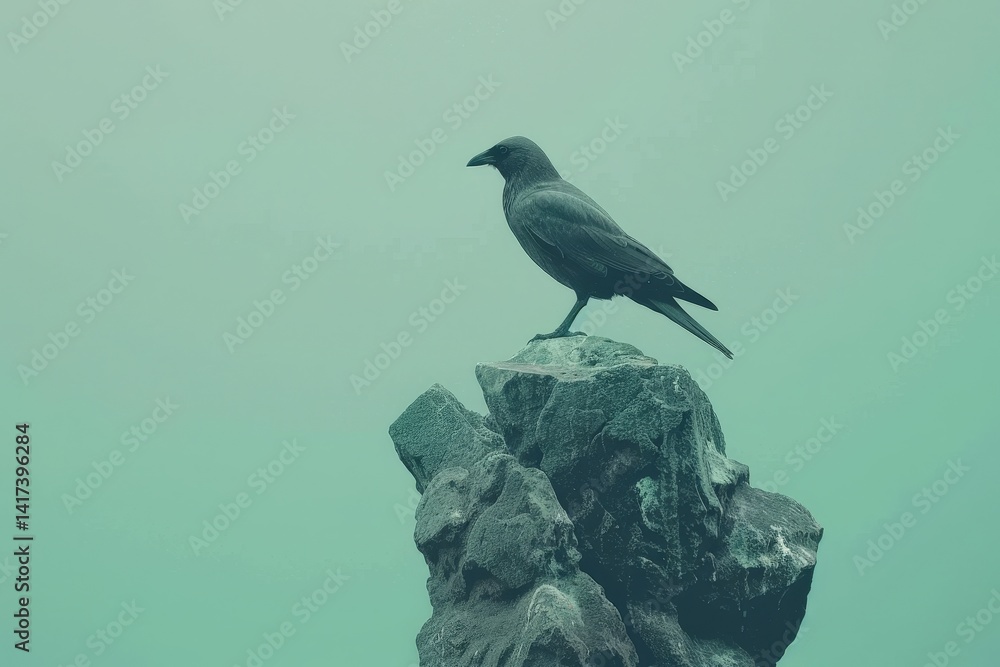 Fototapeta premium Solitary crow perched atop a rocky outcrop.