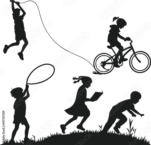 Silhouettes of Children Playing – Outdoor Activity and Childhood Fun Vector Se