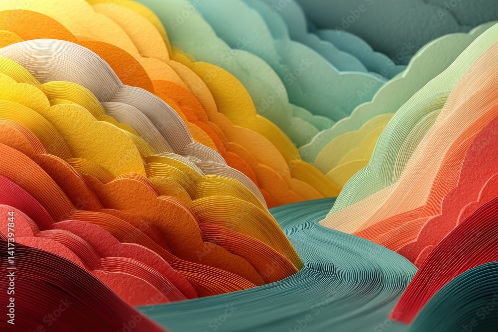 Obraz premium Layered, multicolored landscape with a winding blue river through the scene