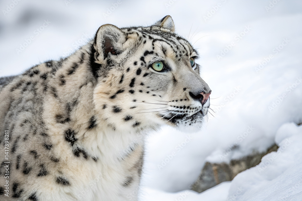 A wild snow leopard portrait captures the feline predator's fur and spots in its snowy, natural habitat A wild snow leopard portrait captures the feline predator's fur and spots in its snowy, natural habitat