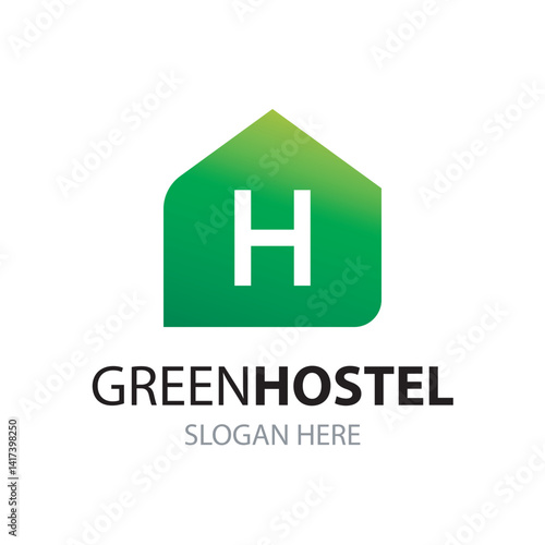 Green hostel logo. House symbol with H letter vector logotype