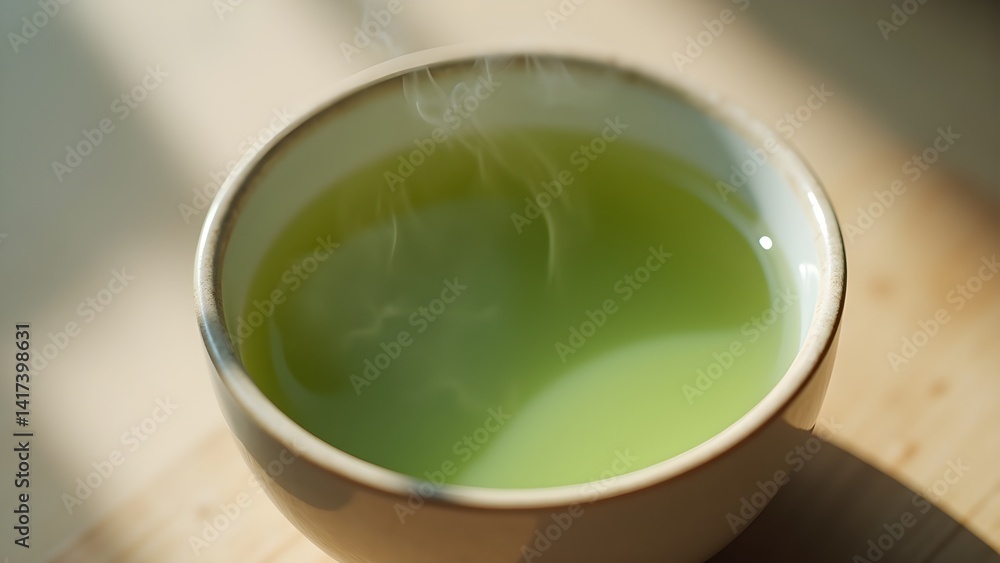 Close-up of a steaming cup of green tea on a wooden table, bathed in sunlight. Warm, inviting. Close-up of a steaming cup of green tea on a wooden table, bathed in sunlight. Warm, inviting.
