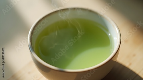 Close-up of a steaming cup of green tea on a wooden table, bathed in sunlight.  Warm, inviting.