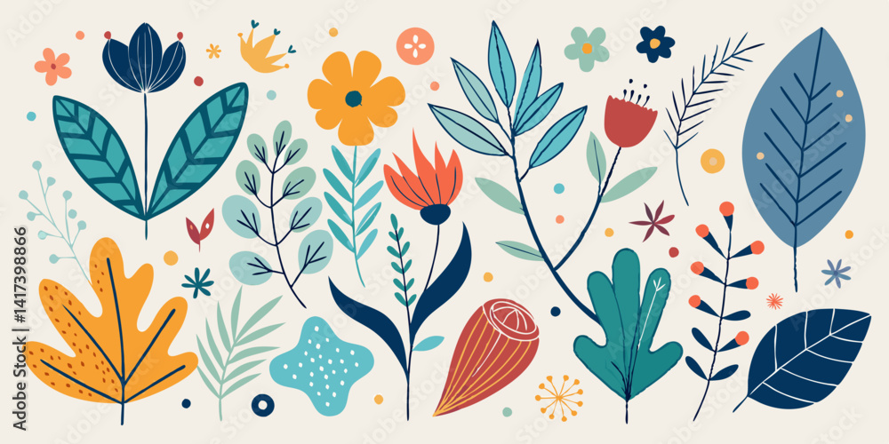 Conjunto de colección de plantas de inspiración escandinava con hojas y flores de estilo minimalista con formas naturales y sencillas.