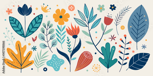 Conjunto de colección de plantas de inspiración escandinava con hojas y flores de estilo minimalista con formas naturales y sencillas.