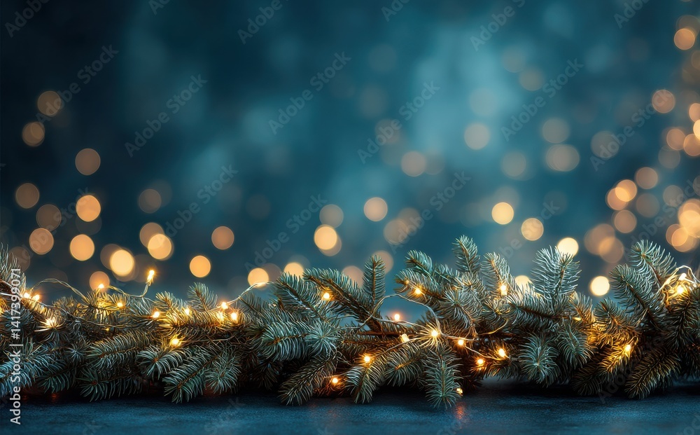 Festive evergreen branches adorned with warm-toned fairy lights against a bokeh background. Perfect for holiday celebrations! Festive evergreen branches adorned with warm-toned fairy lights against a bokeh background. Perfect for holiday celebrations!