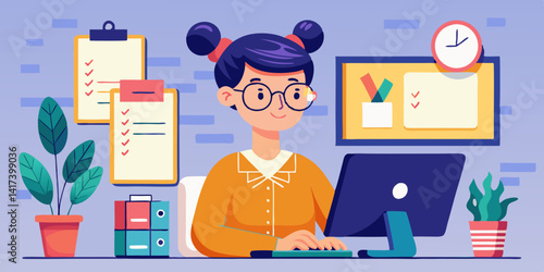 Freelance Secretary Working at Computer with Personal Data Form. Professional woman with glasses and bun hairstyle handling office tasks remotely.