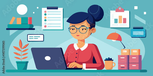 Freelance Secretary Working at Computer with Personal Data Form. Professional woman with glasses and bun hairstyle handling office tasks remotely.