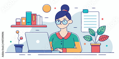 Freelance Secretary Working at Computer with Personal Data Form. Professional woman with glasses and bun hairstyle handling office tasks remotely.