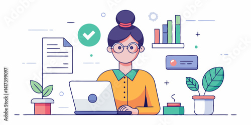 Freelance Secretary Working at Computer with Personal Data Form. Professional woman with glasses and bun hairstyle handling office tasks remotely.