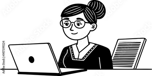 Line Art Of Freelance Secretary Working at Computer with Personal Data Form. Professional woman with glasses and bun hairstyle handling office tasks remotely.