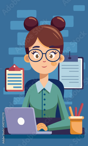 Secretaria independiente trabajando: Escena de dibujos animados de una mujer con gafas y peinado con moño, trabajando como secretaria independiente en una computadora, con el foco puesto en un formula