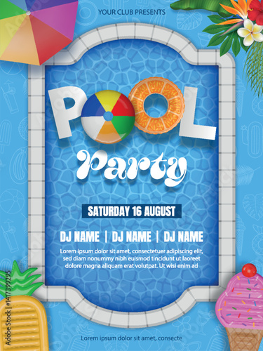 pool party poster with swimming pool, inflatables, pool rafts and deck chair. summer party flyer	