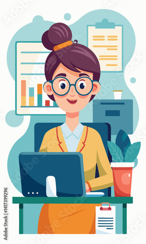 Secretaria independiente trabajando: Escena de dibujos animados de una mujer con gafas y peinado con moño, trabajando como secretaria independiente en una computadora, con el foco puesto en un formula